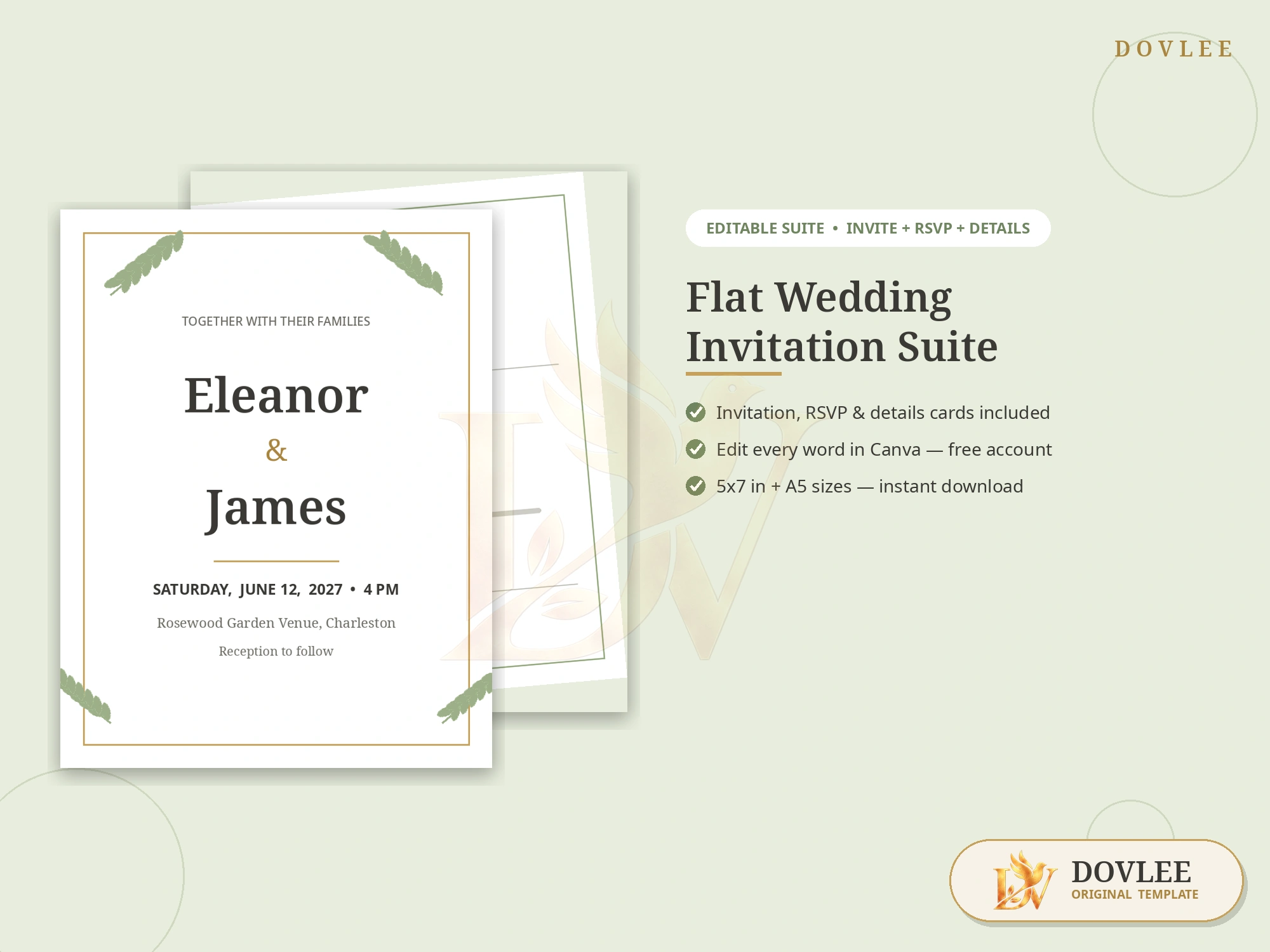 Flat Wedding Invitation Suite — Editable Invitation, RSVP & Details Cards styled digital product preview