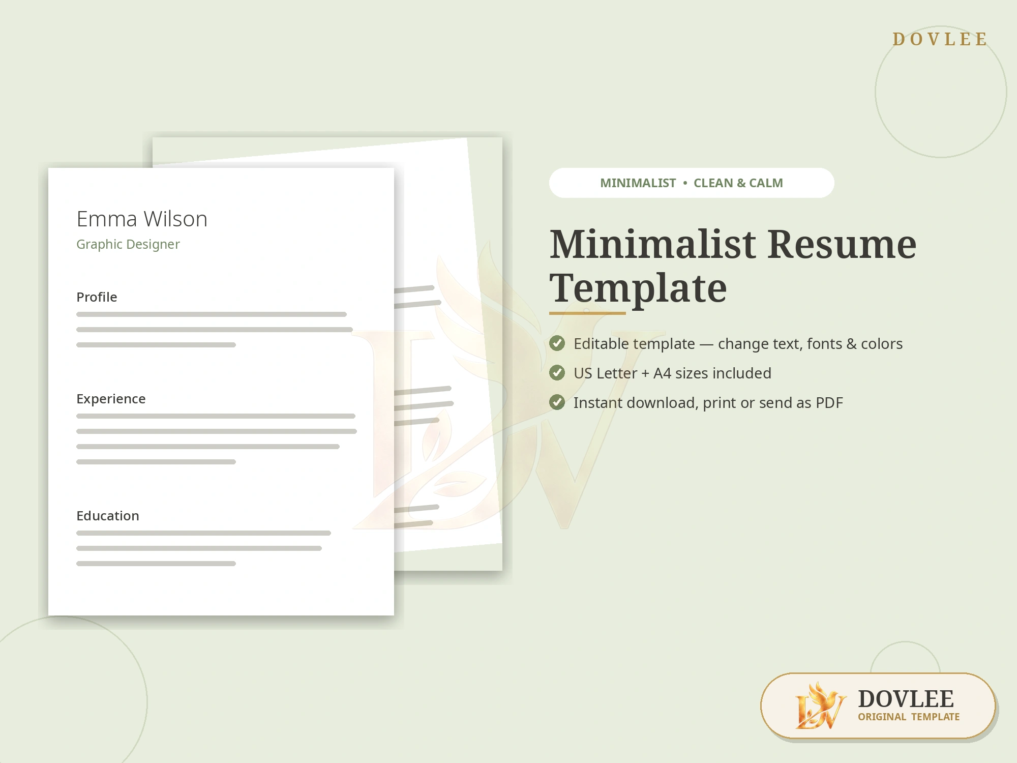 Minimalistische Lebenslauf Vorlage — Bearbeitbar in Canva, Word & Google Docs | Dovlee