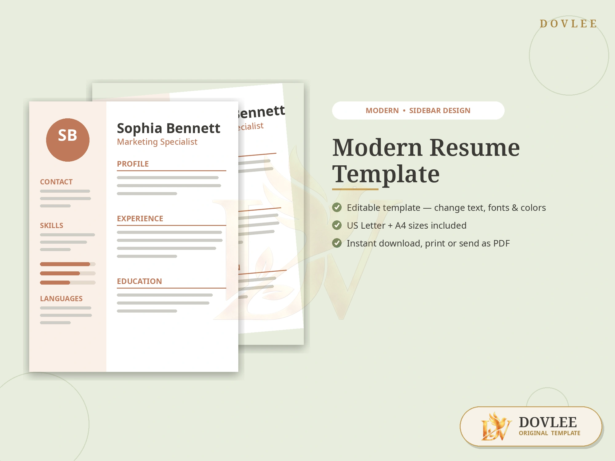 Moderne Lebenslauf Vorlage — Bearbeitbar in Canva, Word & Google Docs | Dovlee